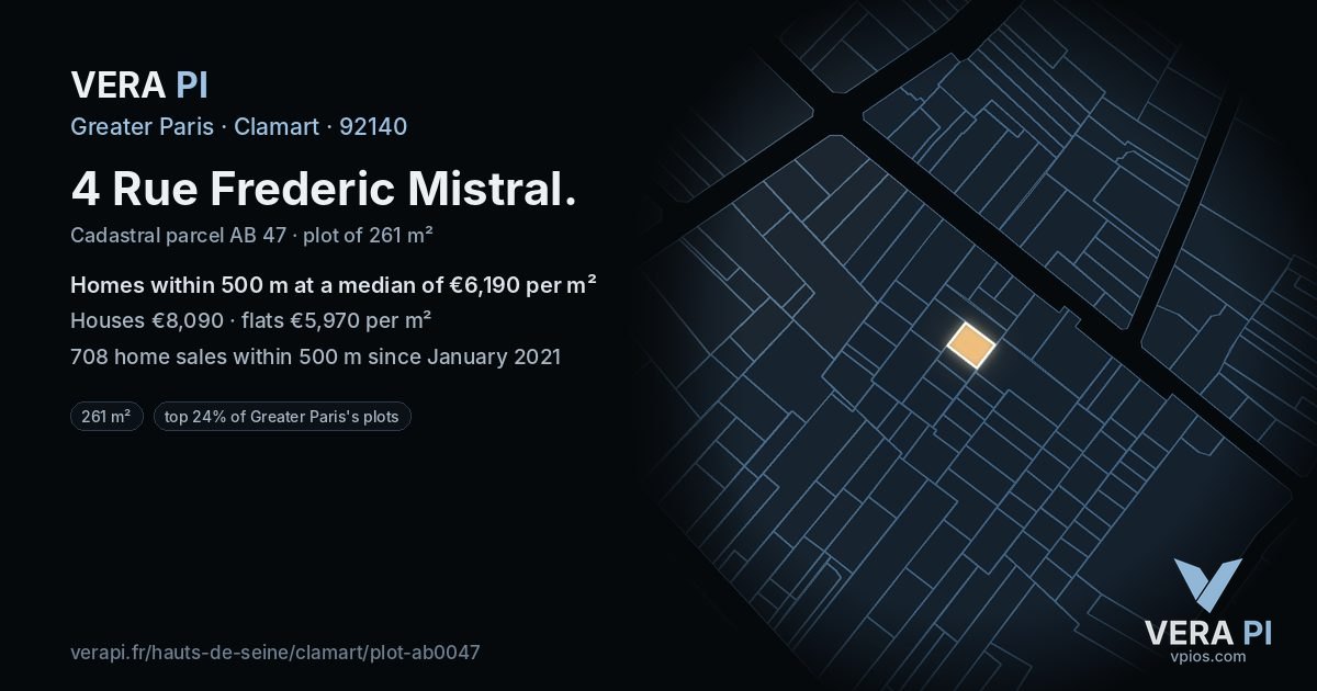 4 Rue Frederic Mistral, Clamart at night – the plot lit, the parcels around coloured by the prices near them