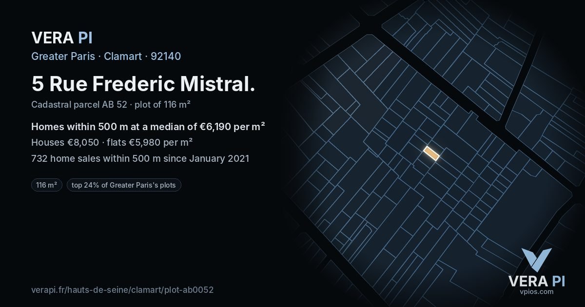 5 Rue Frederic Mistral, Clamart at night – the plot lit, the parcels around coloured by the prices near them