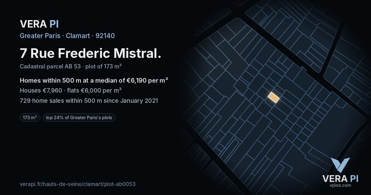 7 Rue Frederic Mistral, Clamart at night – the plot lit, the parcels around coloured by the prices near them