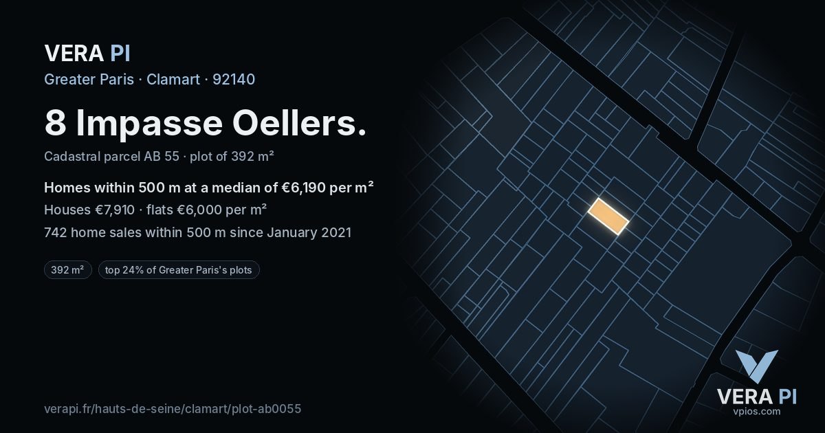 8 Impasse Oellers, Clamart at night – the plot lit, the parcels around coloured by the prices near them
