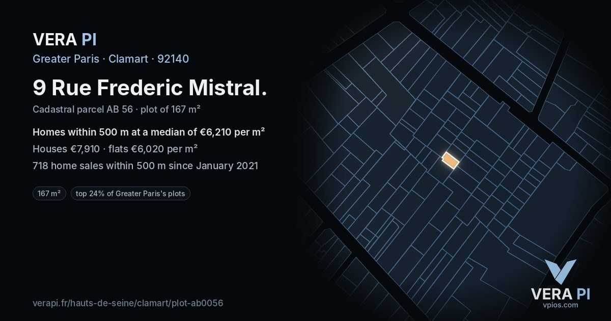 9 Rue Frederic Mistral, Clamart at night – the plot lit, the parcels around coloured by the prices near them