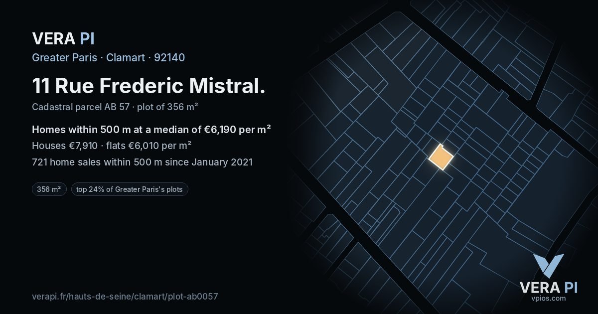 11 Rue Frederic Mistral, Clamart at night – the plot lit, the parcels around coloured by the prices near them