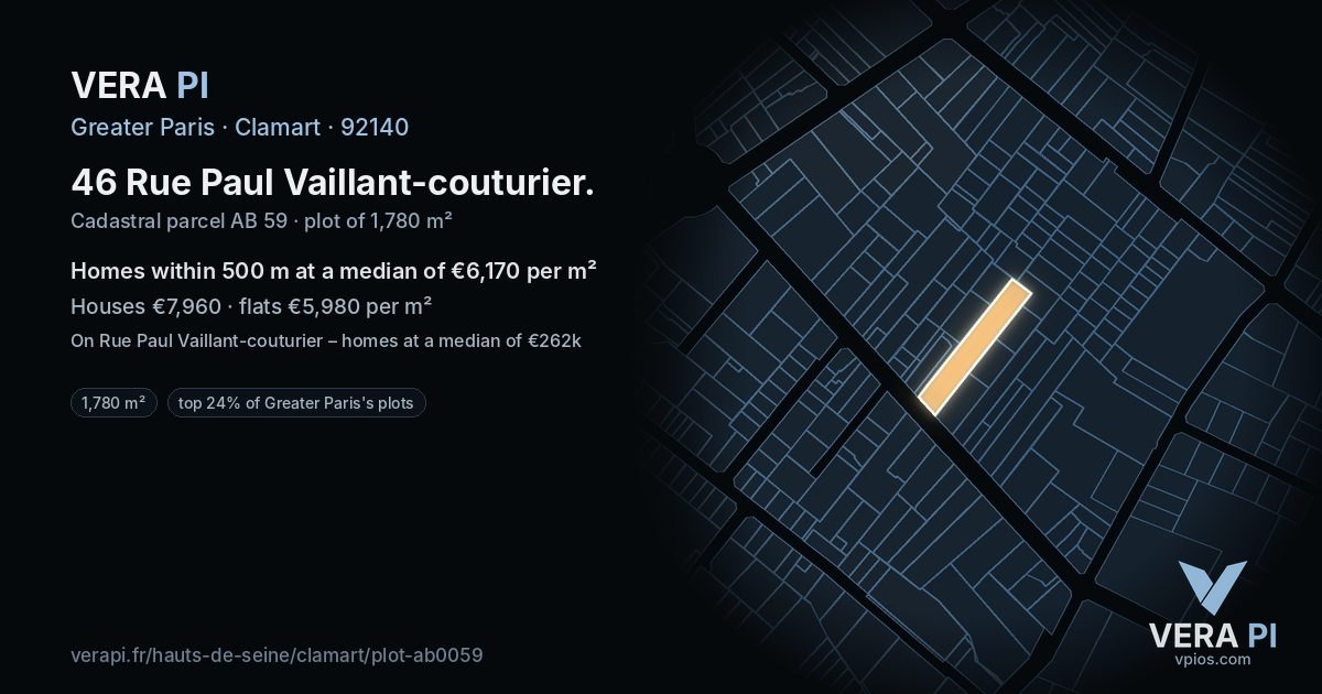 46 Rue Paul Vaillant-couturier, Clamart at night – the plot lit, the parcels around coloured by the prices near them