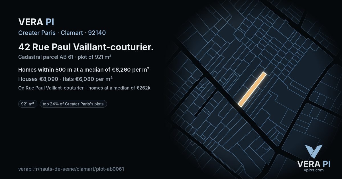 42 Rue Paul Vaillant-couturier, Clamart at night – the plot lit, the parcels around coloured by the prices near them