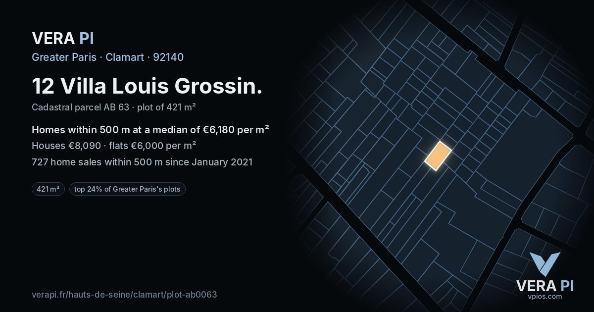 12 Villa Louis Grossin, Clamart at night – the plot lit, the parcels around coloured by the prices near them