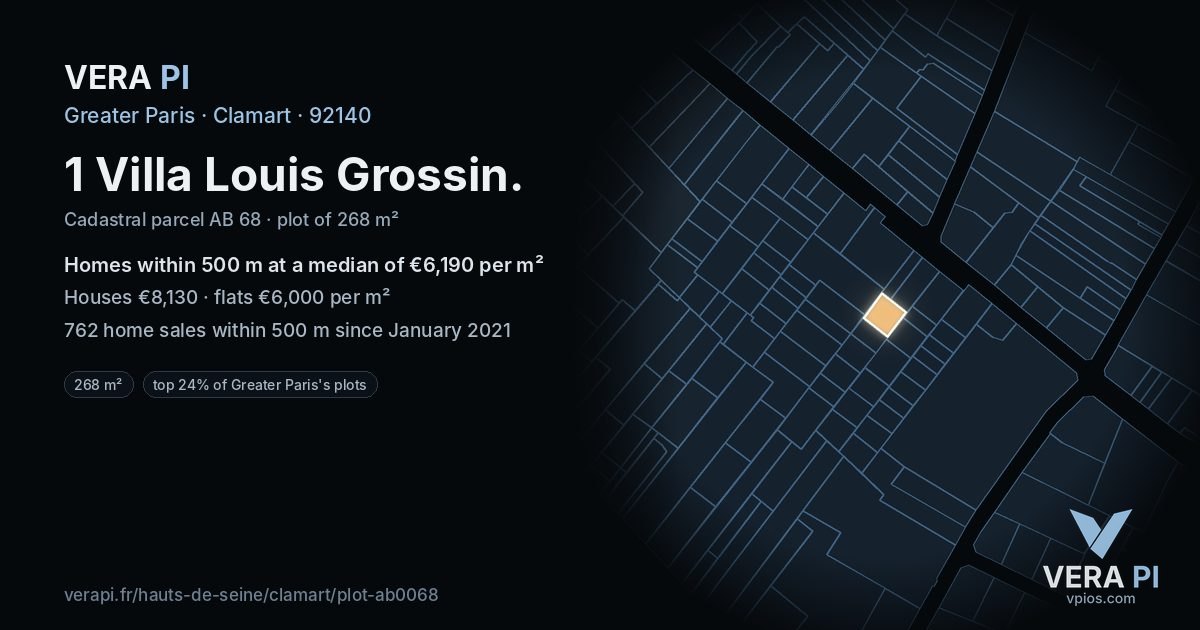 1 Villa Louis Grossin, Clamart at night – the plot lit, the parcels around coloured by the prices near them