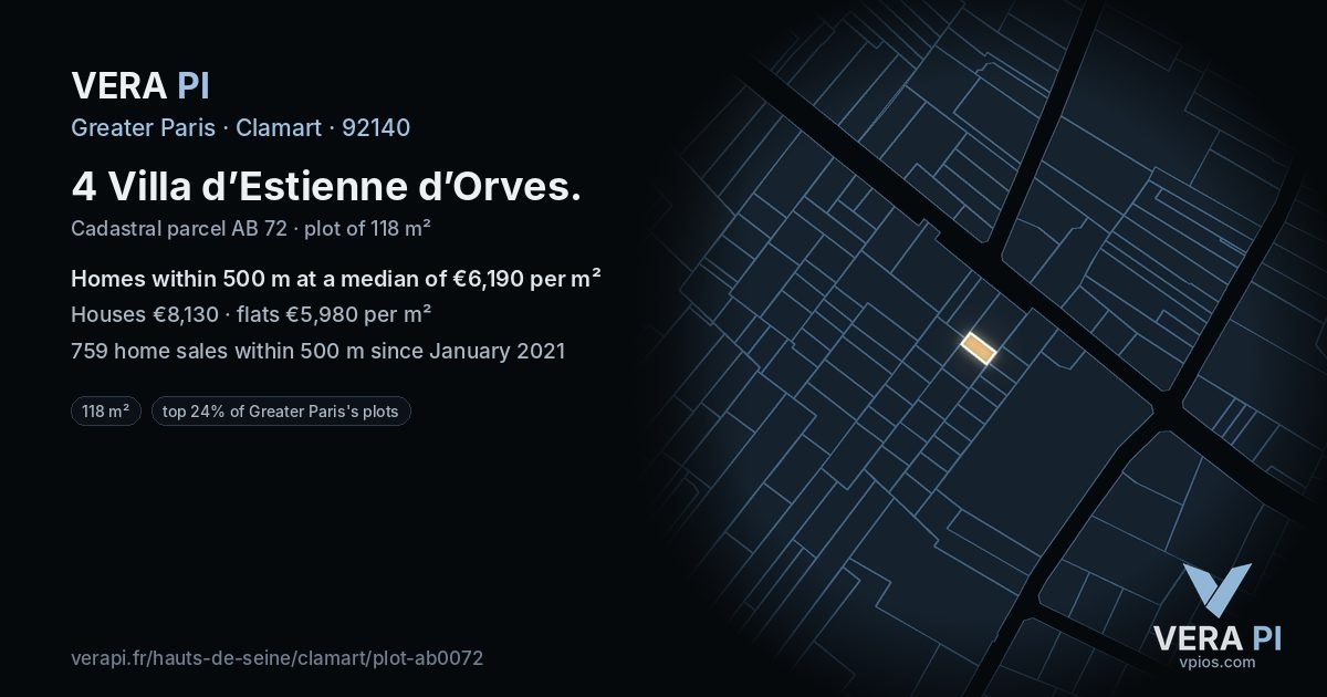 4 Villa d’Estienne d’Orves, Clamart at night – the plot lit, the parcels around coloured by the prices near them