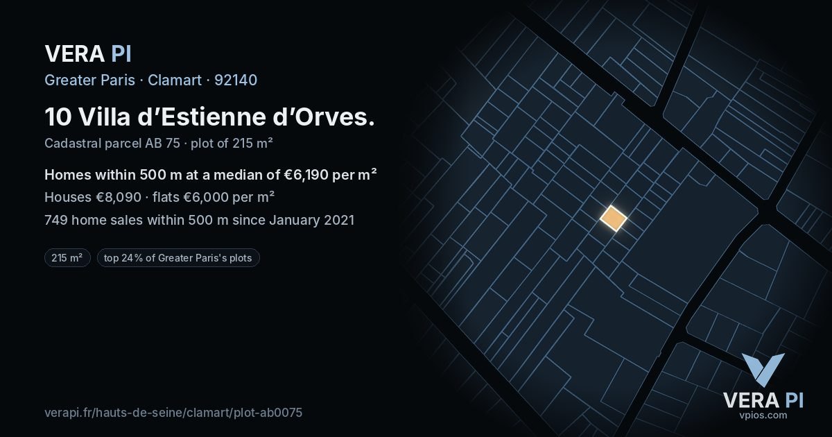10 Villa d’Estienne d’Orves, Clamart at night – the plot lit, the parcels around coloured by the prices near them