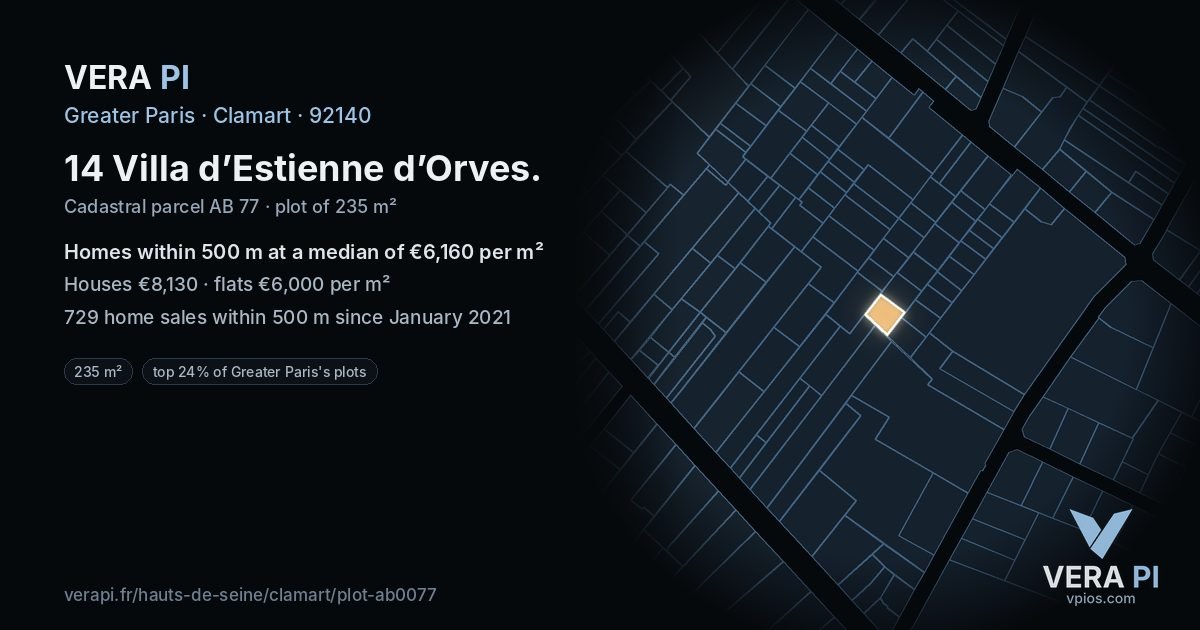 14 Villa d’Estienne d’Orves, Clamart at night – the plot lit, the parcels around coloured by the prices near them