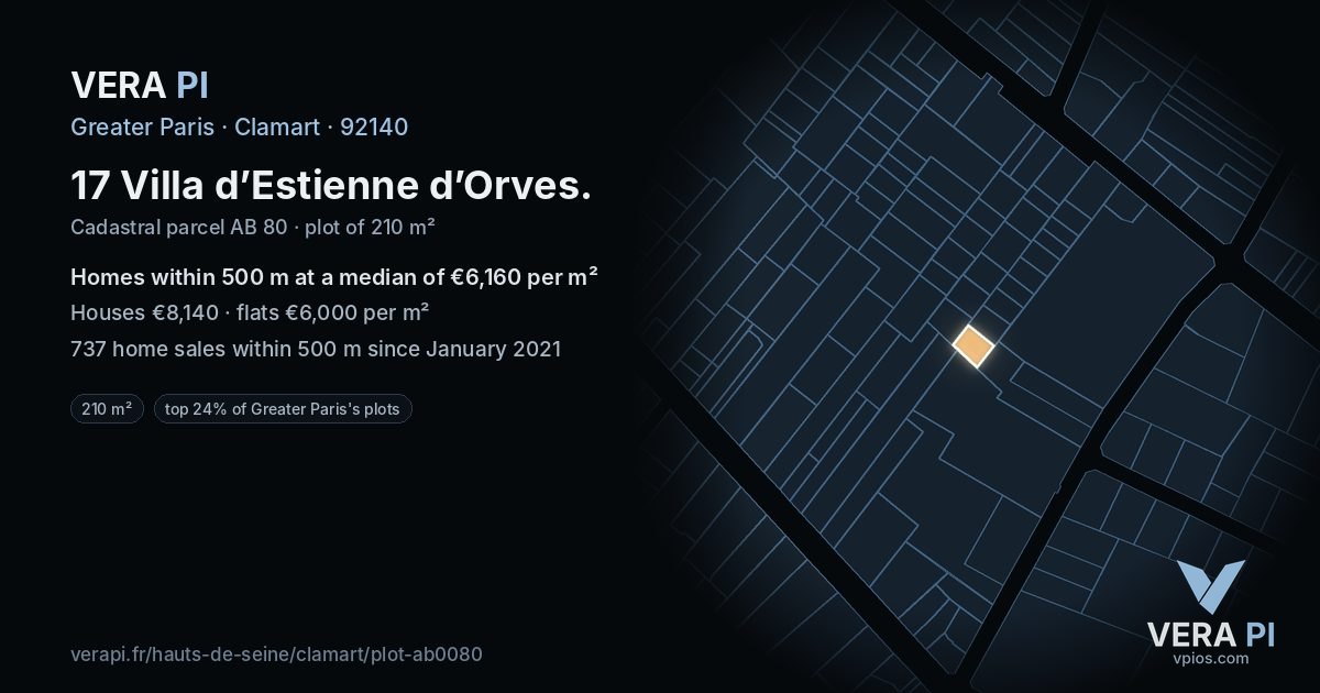 17 Villa d’Estienne d’Orves, Clamart at night – the plot lit, the parcels around coloured by the prices near them