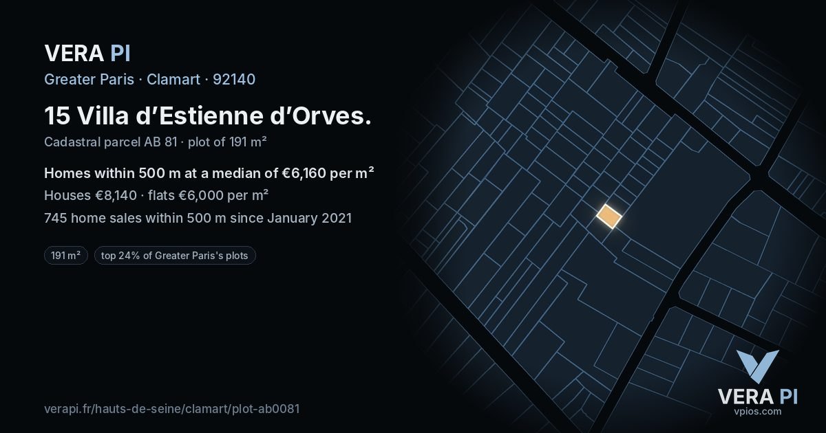 15 Villa d’Estienne d’Orves, Clamart at night – the plot lit, the parcels around coloured by the prices near them