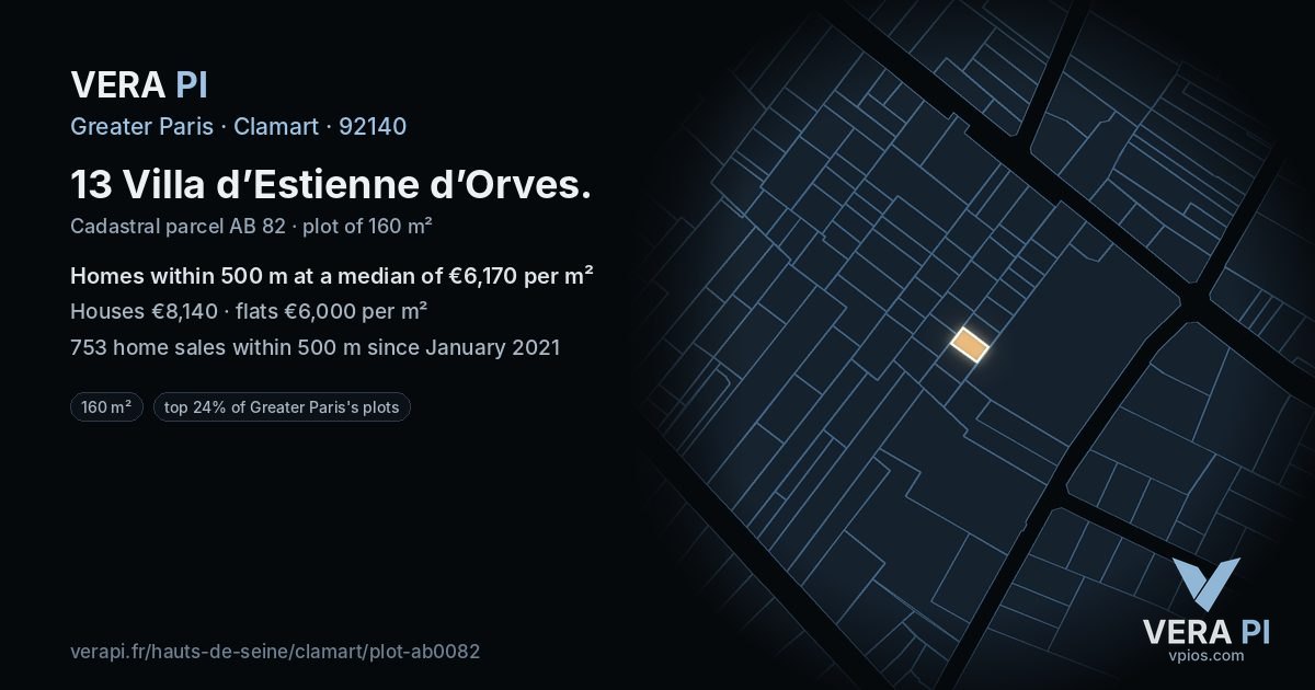 13 Villa d’Estienne d’Orves, Clamart at night – the plot lit, the parcels around coloured by the prices near them