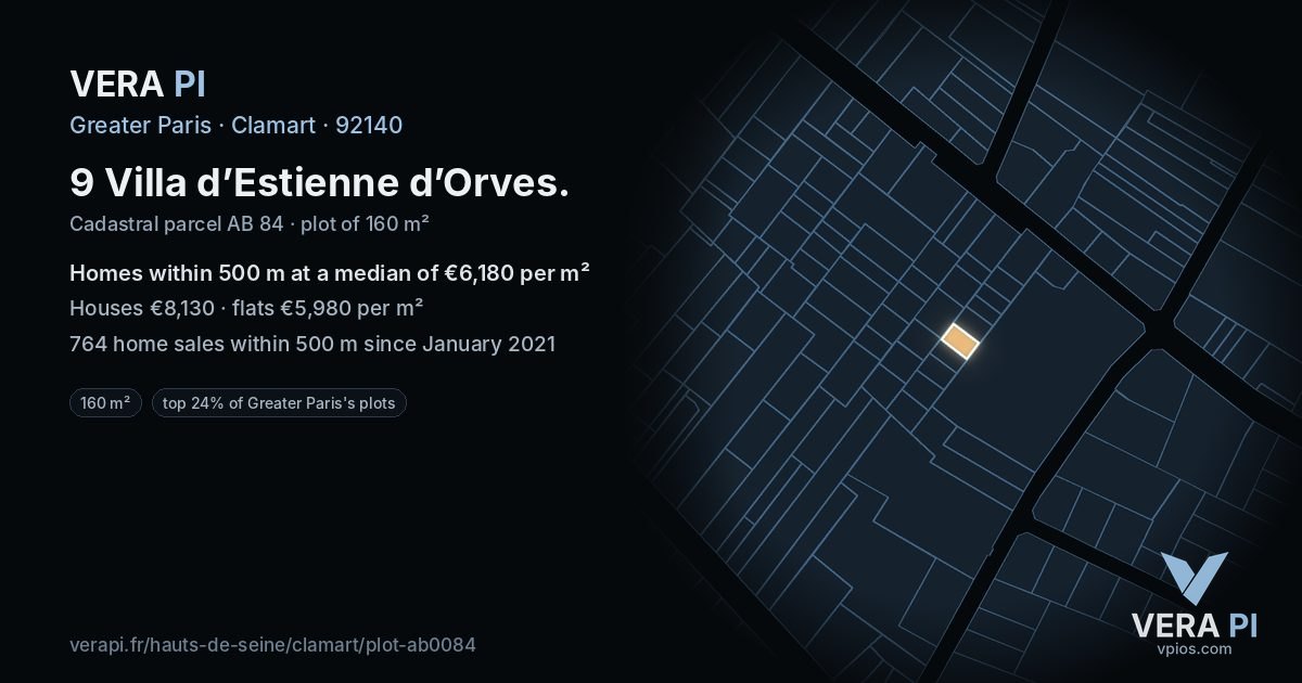 9 Villa d’Estienne d’Orves, Clamart at night – the plot lit, the parcels around coloured by the prices near them