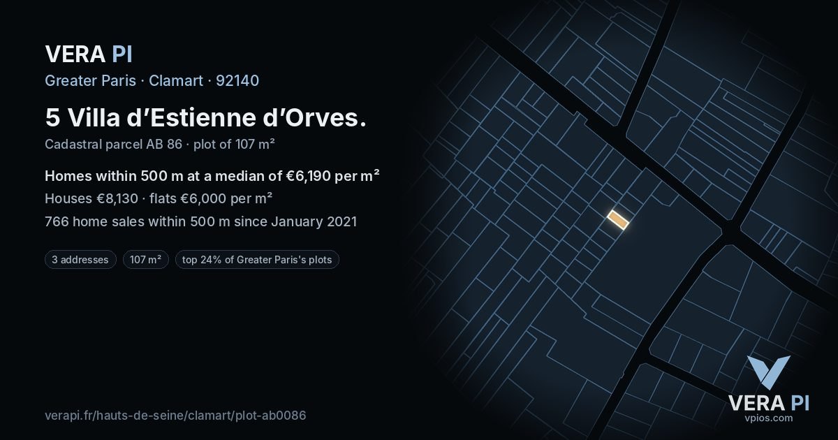 5 Villa d’Estienne d’Orves, Clamart at night – the plot lit, the parcels around coloured by the prices near them