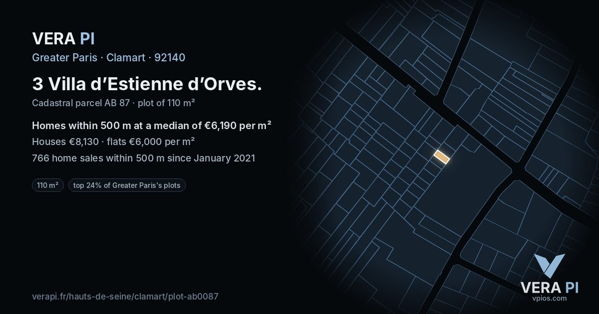 3 Villa d’Estienne d’Orves, Clamart at night – the plot lit, the parcels around coloured by the prices near them