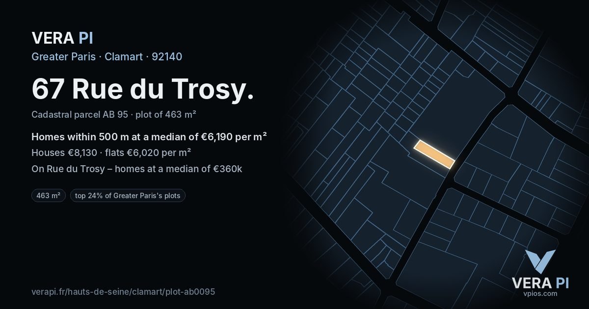 67 Rue du Trosy, Clamart at night – the plot lit, the parcels around coloured by the prices near them