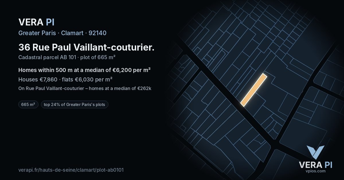 36 Rue Paul Vaillant-couturier, Clamart at night – the plot lit, the parcels around coloured by the prices near them