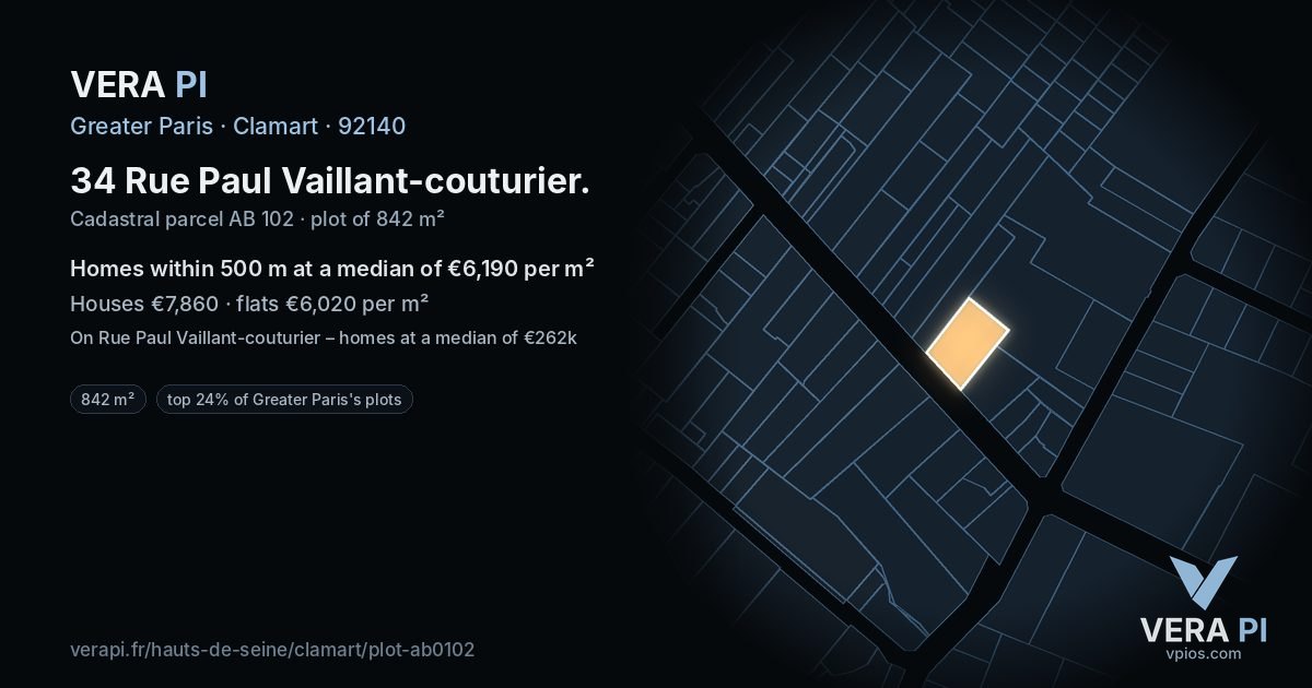 34 Rue Paul Vaillant-couturier, Clamart at night – the plot lit, the parcels around coloured by the prices near them