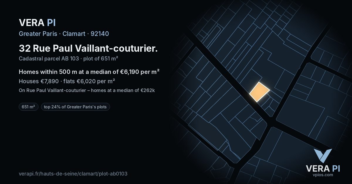 32 Rue Paul Vaillant-couturier, Clamart at night – the plot lit, the parcels around coloured by the prices near them