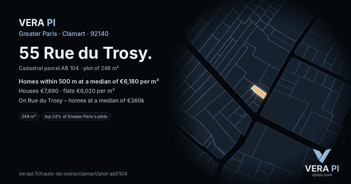 55 Rue du Trosy, Clamart at night – the plot lit, the parcels around coloured by the prices near them