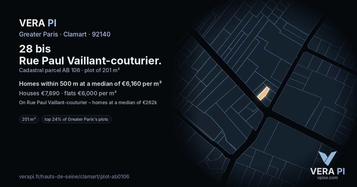 28 bis Rue Paul Vaillant-couturier, Clamart at night – the plot lit, the parcels around coloured by the prices near them