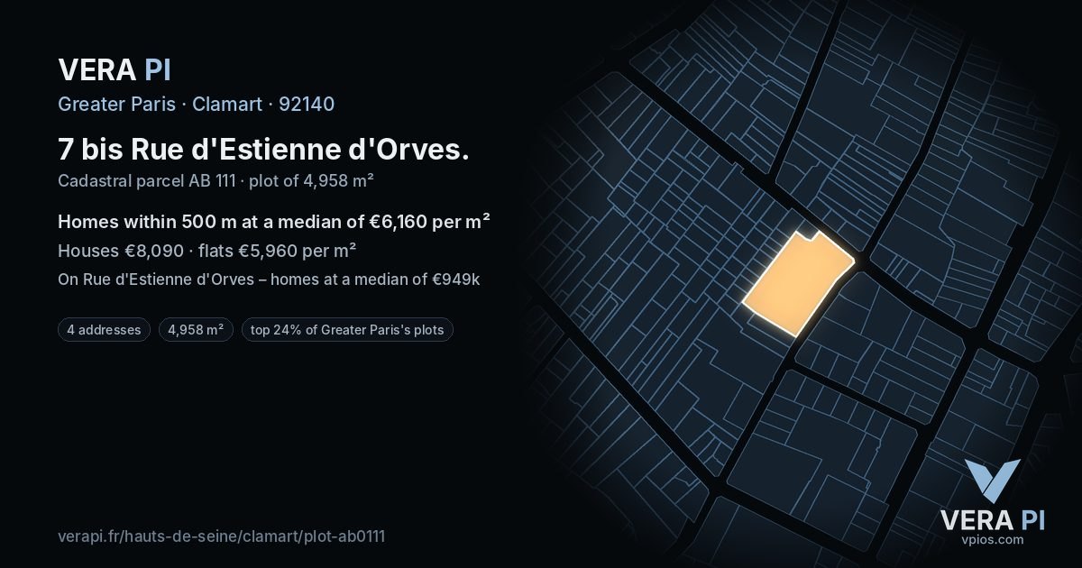 7 bis Rue d'Estienne d'Orves, Clamart at night – the plot lit, the parcels around coloured by the prices near them