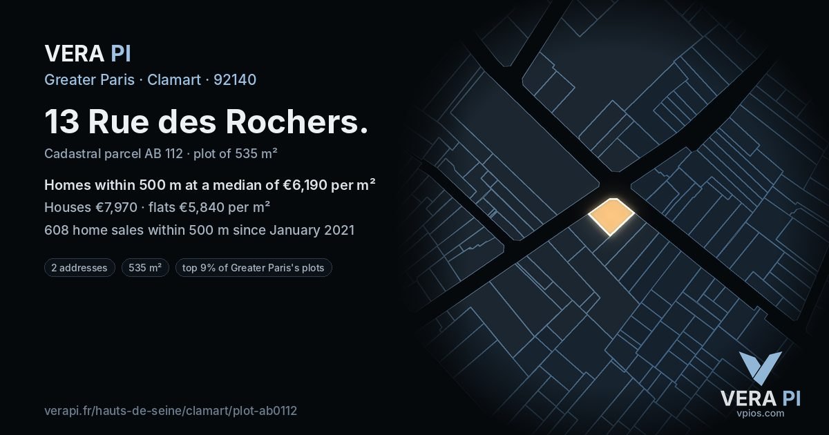 13 Rue des Rochers, Clamart at night – the plot lit, the parcels around coloured by the prices near them