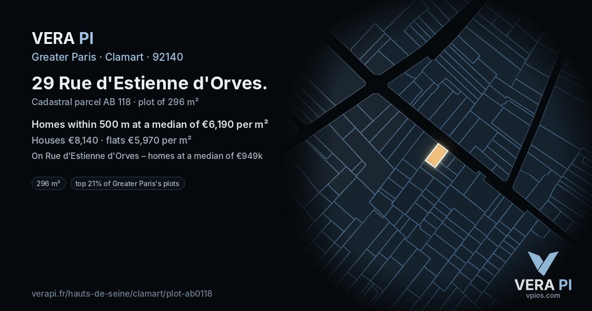 29 Rue d'Estienne d'Orves, Clamart at night – the plot lit, the parcels around coloured by the prices near them