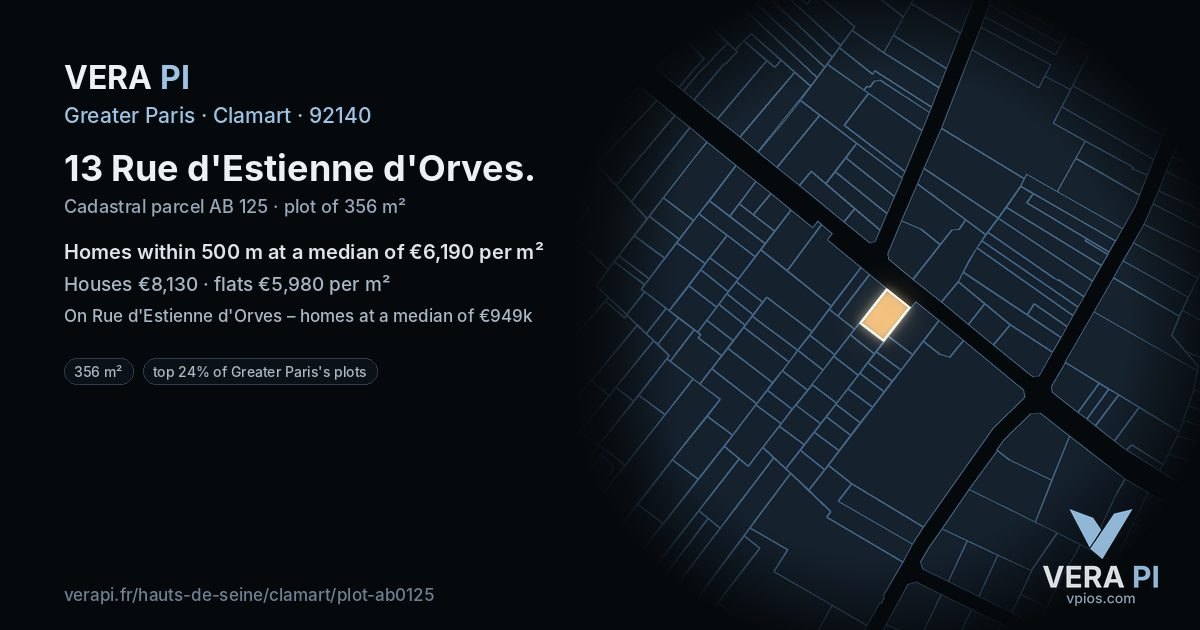 13 Rue d'Estienne d'Orves, Clamart at night – the plot lit, the parcels around coloured by the prices near them