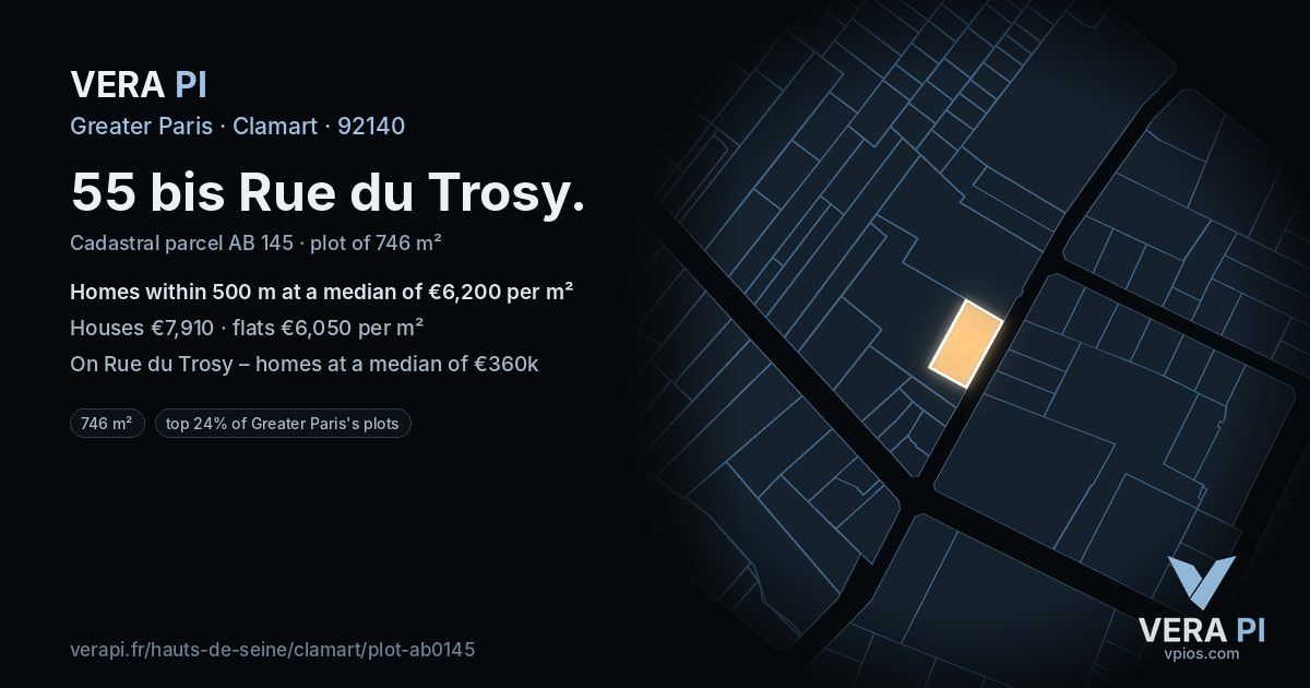 55 bis Rue du Trosy, Clamart at night – the plot lit, the parcels around coloured by the prices near them