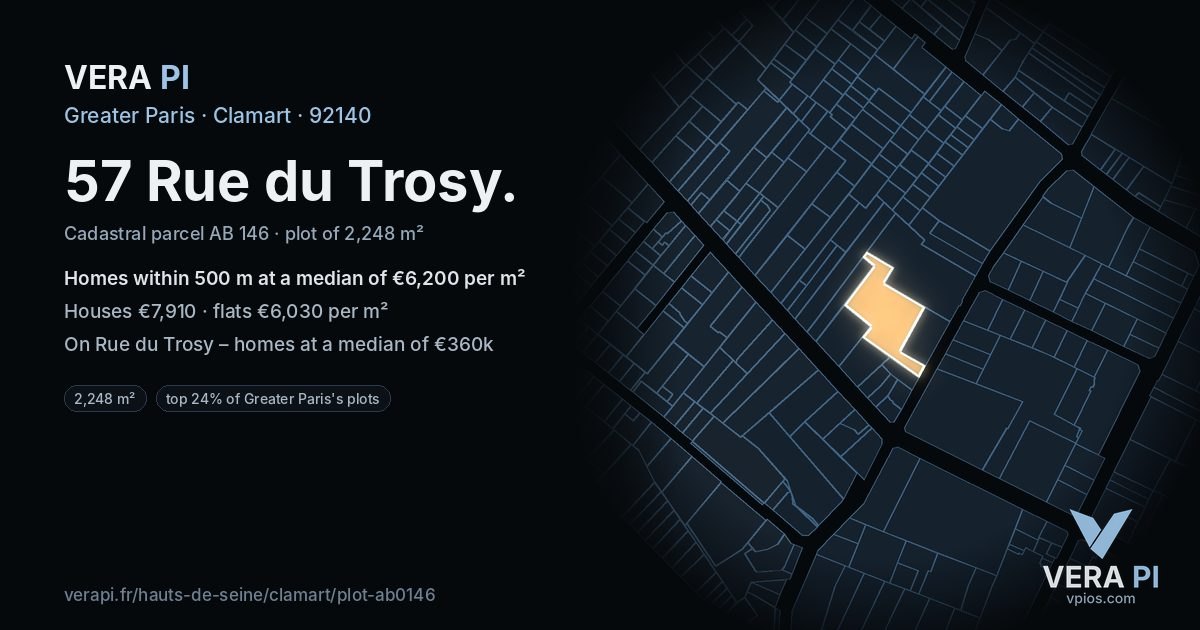 57 Rue du Trosy, Clamart at night – the plot lit, the parcels around coloured by the prices near them