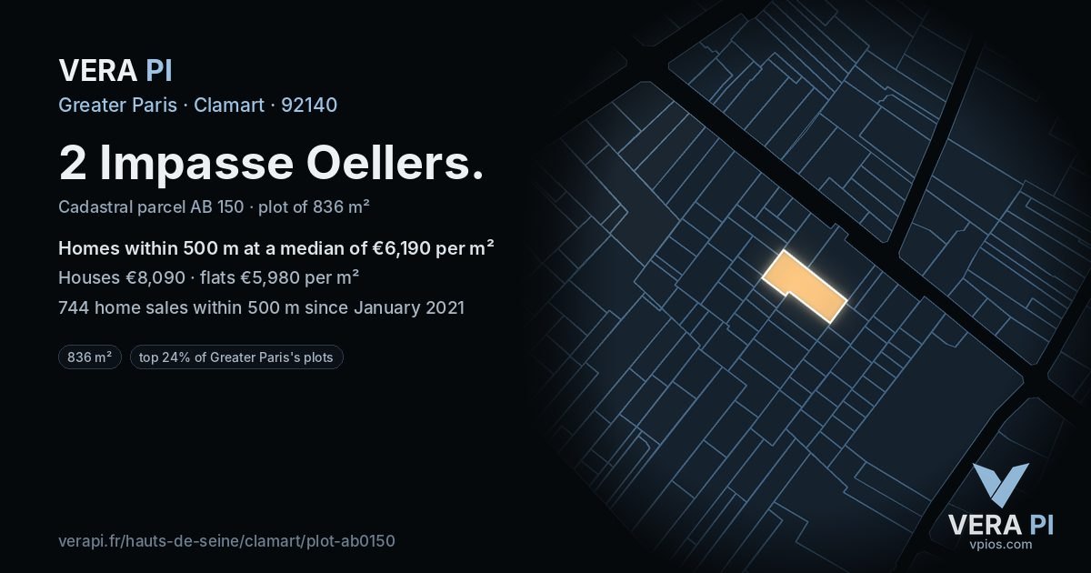 2 Impasse Oellers, Clamart at night – the plot lit, the parcels around coloured by the prices near them