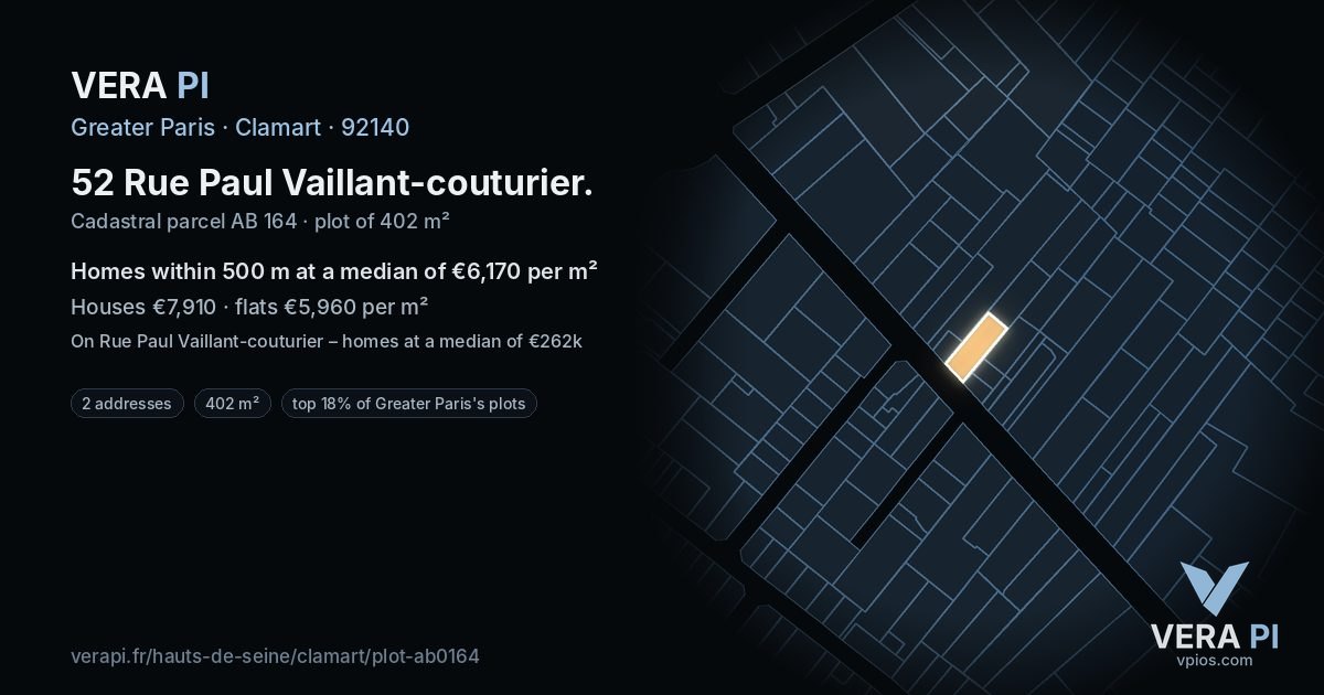 52 Rue Paul Vaillant-couturier, Clamart at night – the plot lit, the parcels around coloured by the prices near them