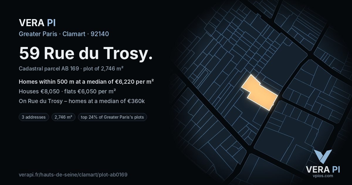 59 Rue du Trosy, Clamart at night – the plot lit, the parcels around coloured by the prices near them