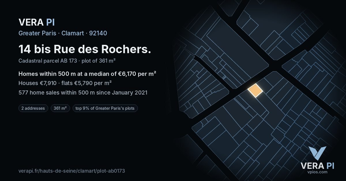 14 bis Rue des Rochers, Clamart at night – the plot lit, the parcels around coloured by the prices near them