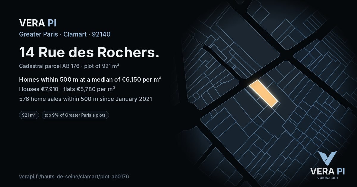 14 Rue des Rochers, Clamart at night – the plot lit, the parcels around coloured by the prices near them