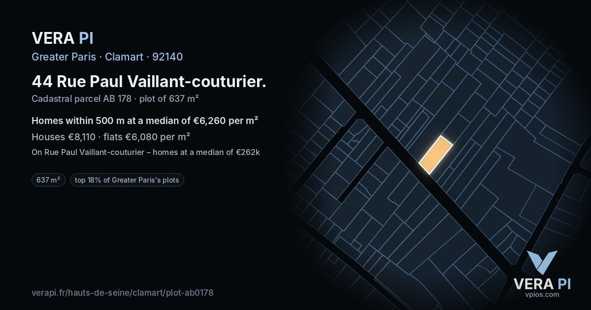44 Rue Paul Vaillant-couturier, Clamart at night – the plot lit, the parcels around coloured by the prices near them