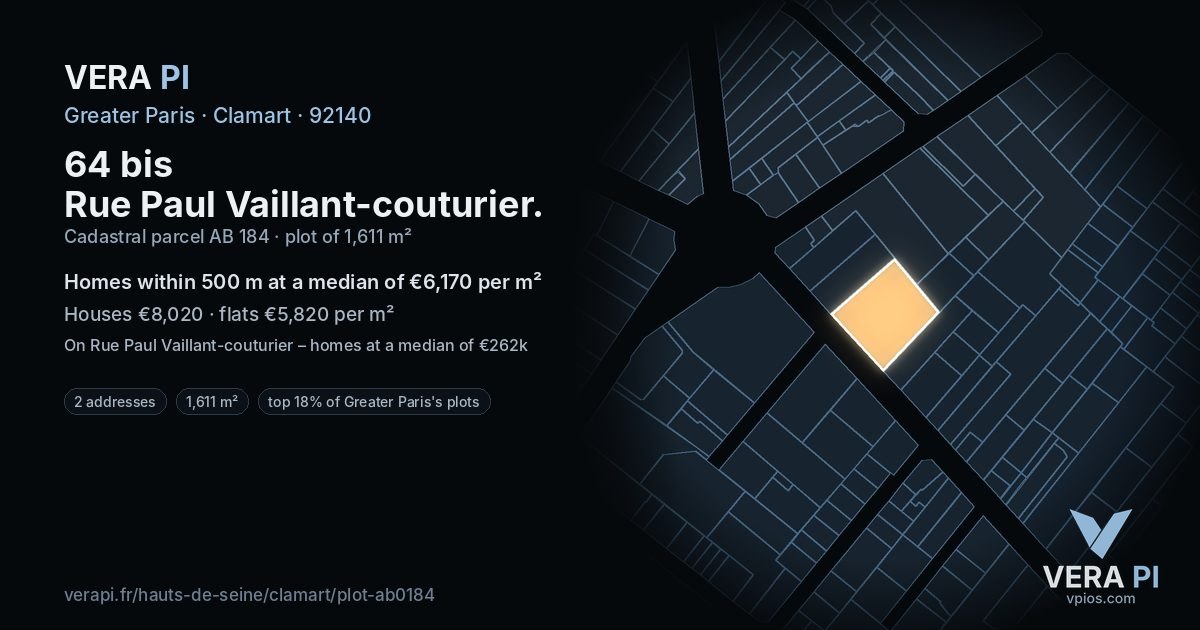 64 bis Rue Paul Vaillant-couturier, Clamart at night – the plot lit, the parcels around coloured by the prices near them