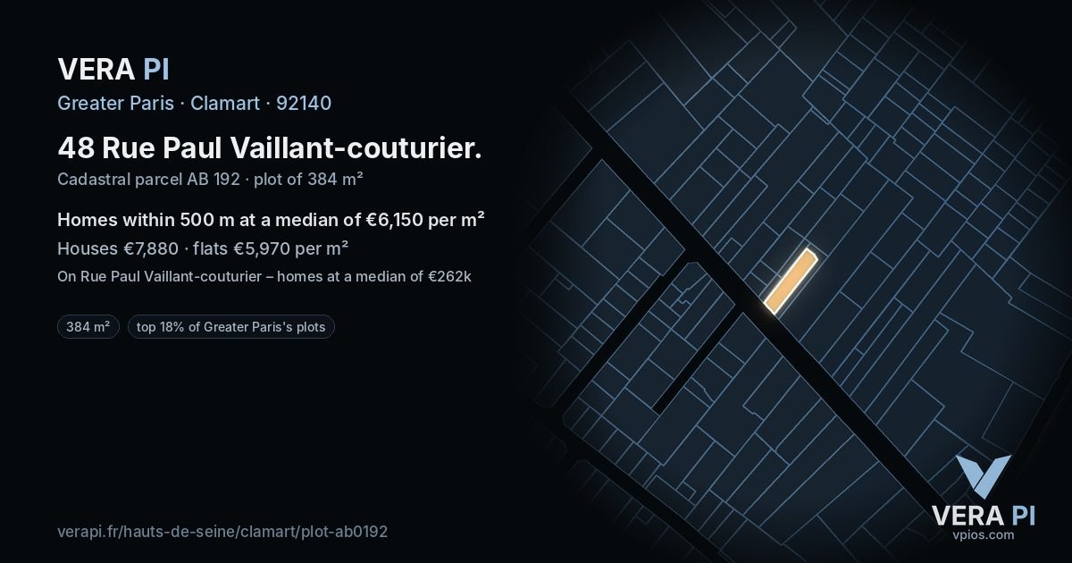 48 Rue Paul Vaillant-couturier, Clamart at night – the plot lit, the parcels around coloured by the prices near them