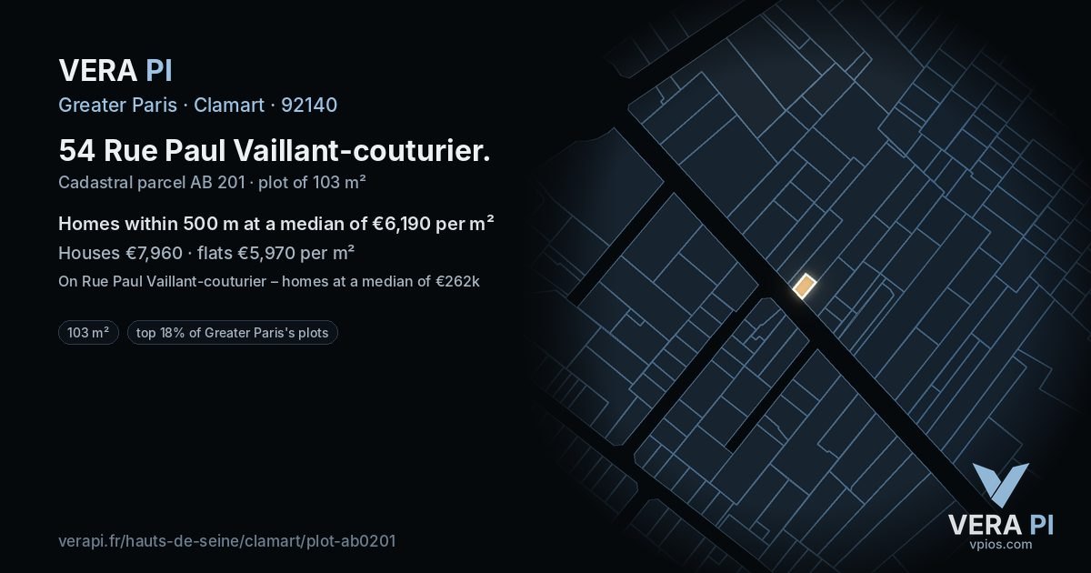 54 Rue Paul Vaillant-couturier, Clamart at night – the plot lit, the parcels around coloured by the prices near them