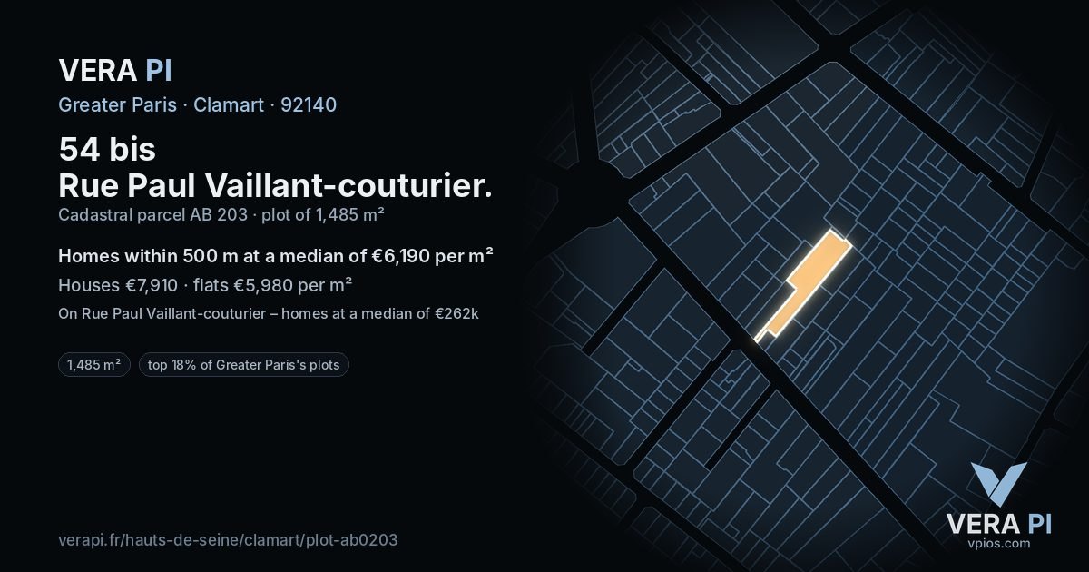 54 bis Rue Paul Vaillant-couturier, Clamart at night – the plot lit, the parcels around coloured by the prices near them