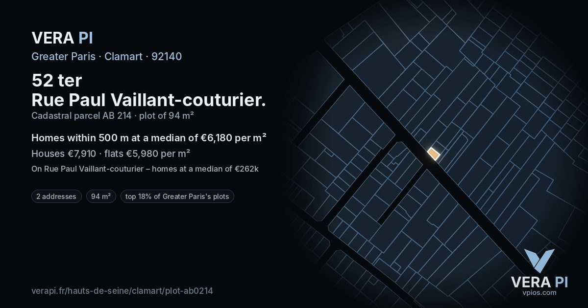 52 ter Rue Paul Vaillant-couturier, Clamart at night – the plot lit, the parcels around coloured by the prices near them