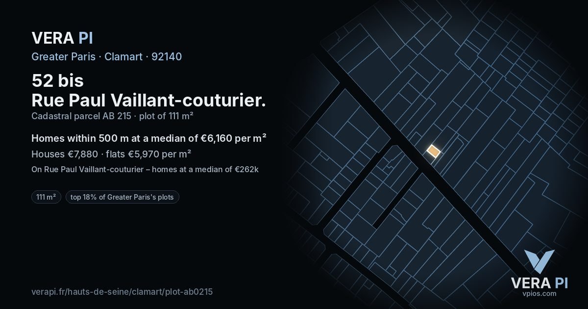 52 bis Rue Paul Vaillant-couturier, Clamart at night – the plot lit, the parcels around coloured by the prices near them