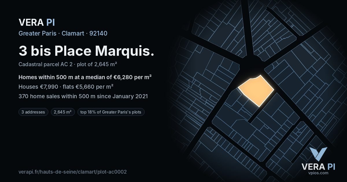3 bis Place Marquis, Clamart at night – the plot lit, the parcels around coloured by the prices near them