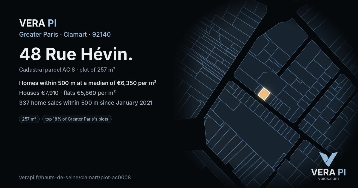 48 Rue Hévin, Clamart at night – the plot lit, the parcels around coloured by the prices near them