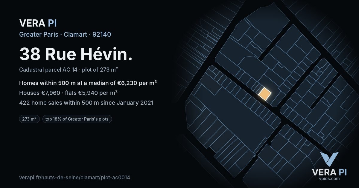 38 Rue Hévin, Clamart at night – the plot lit, the parcels around coloured by the prices near them