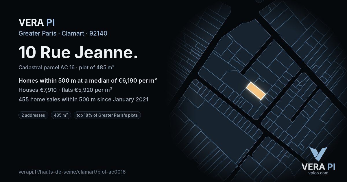 10 Rue Jeanne, Clamart at night – the plot lit, the parcels around coloured by the prices near them