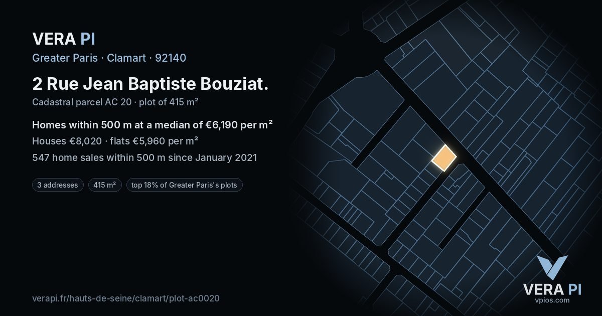 2 Rue Jean Baptiste Bouziat, Clamart at night – the plot lit, the parcels around coloured by the prices near them