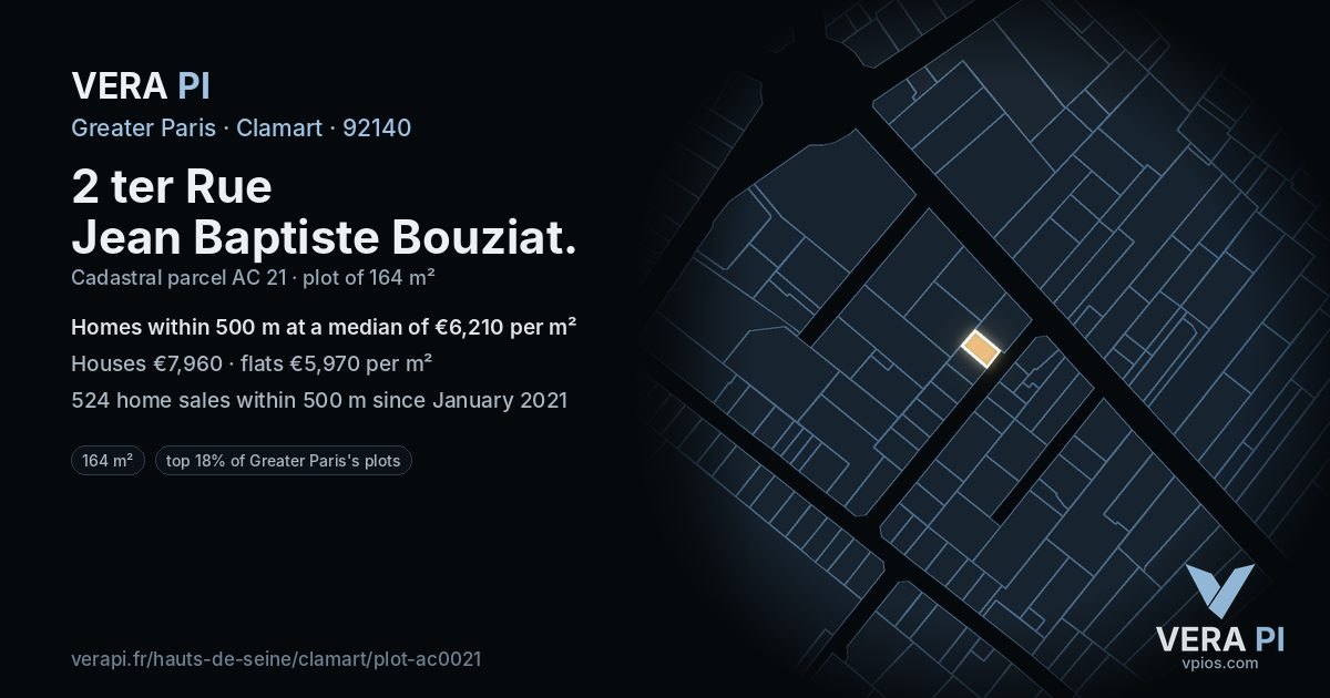 2 ter Rue Jean Baptiste Bouziat, Clamart at night – the plot lit, the parcels around coloured by the prices near them
