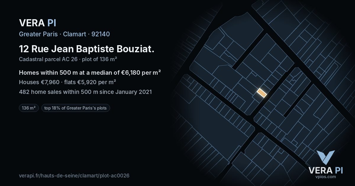 12 Rue Jean Baptiste Bouziat, Clamart at night – the plot lit, the parcels around coloured by the prices near them